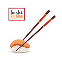 Vector sushi with chopsticks - orange salmon fillet, rice