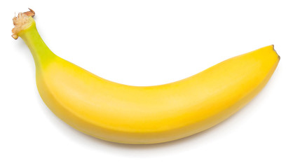 Single banana against white background. Flat lay, top view