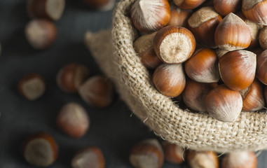 Hazelnuts, filbert in burlap sack on wooden backdrop. heap or stack of hazelnuts. Hazelnut background, healty food