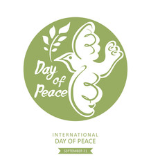 Day of Peace. Round green template with dove and branch. Hand draw naive illustration. Flat design.
