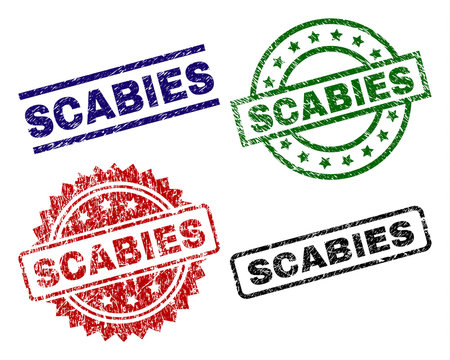 SCABIES seal prints with distress surface. Black, green,red,blue vector rubber prints of SCABIES tag with corroded surface. Rubber seals with circle, rectangle, rosette shapes.