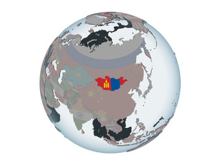 Mongolia with flag on globe isolated