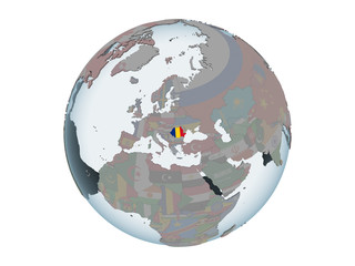 Obraz premium Romania with flag on globe isolated