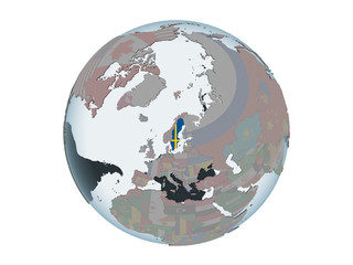 Sweden with flag on globe isolated