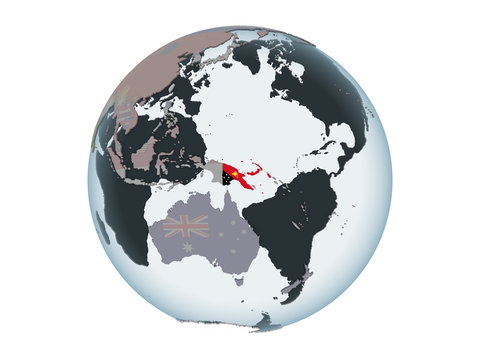Papua New Guinea with flag on globe isolated