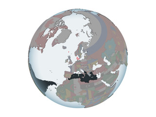 Denmark with flag on globe isolated