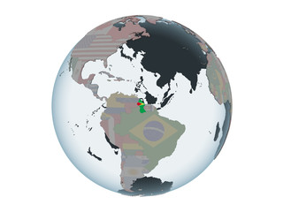 Guyana with flag on globe isolated