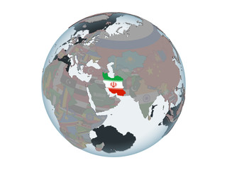 Iran with flag on globe isolated