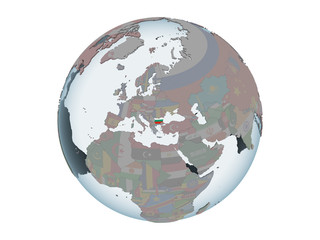 Bulgaria with flag on globe isolated