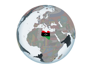 Libya with flag on globe isolated