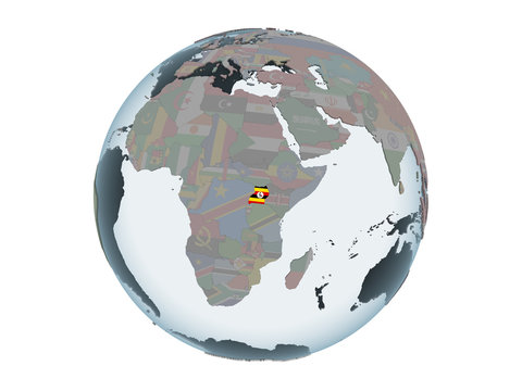 Uganda with flag on globe isolated