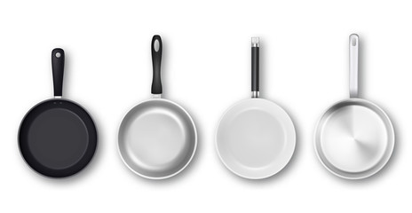 Vector realistic 3d empty black, silver, non-stick, enamel, white cover surface frying pan icon set in top view isolated on white background. Design template for graphics - obrazy, fototapety, plakaty
