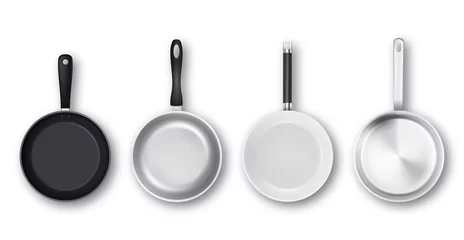 Foto op Plexiglas Vector realistic 3d empty black, silver, non-stick, enamel, white cover surface frying pan icon set in top view isolated on white background. Design template for graphics © gomolach