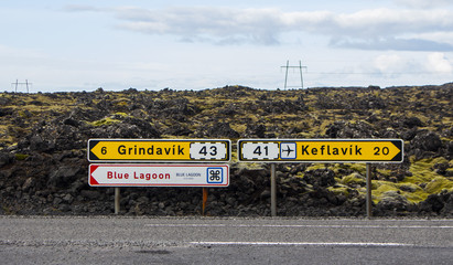 Iceland, Grindavik - 16.9.2018 traffic signs that indicate Blue Lagoon