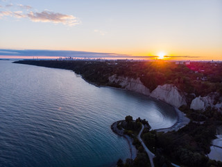 Scarborough bluffs Sunset Aerial with Toronto Skyline