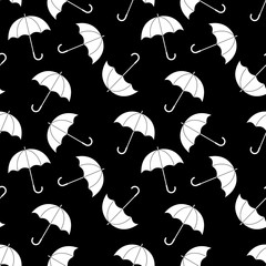 Fototapeta na wymiar Black and white simple umbrellas silhouettes, seamless pattern, vector