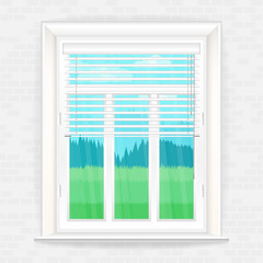 Illustration with window in realistic style on a brick wall and the rustic landscape outside the window. Vector background.