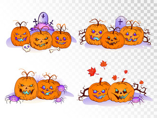 Naklejka premium Vector set of smiling Pumpkins on transparent background. Halloween collection.