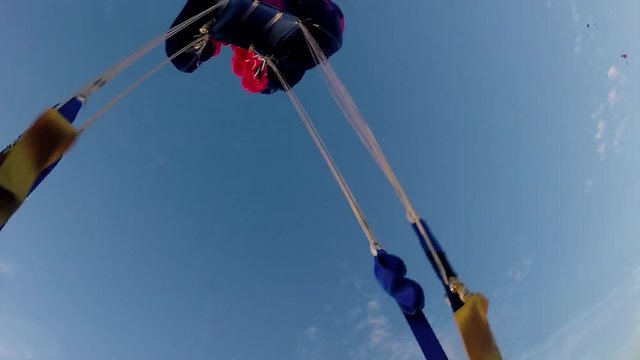 Professional skydiver fly on parachute in sky. Sunset. Adrenaline. Height. Adrenaline. Speed