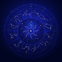Illustration with Horoscope circle and Zodiac constellation on the starry night sky background. Vector illustrations in blue color.