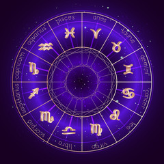 Illustration with Horoscope circle and Zodiac symbols on the starry night sky background with geometry pattern. Zodiac sign Vector illustrations in purple color. Gold elements.