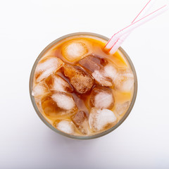 Ice latte top view close up on white background and clipping paths