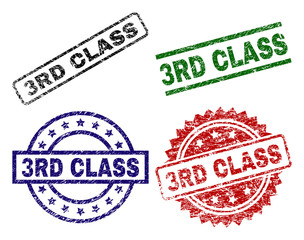 3RD CLASS seal prints with corroded surface. Black, green,red,blue vector rubber prints of 3RD CLASS title with dust surface. Rubber seals with circle, rectangle, rosette shapes.