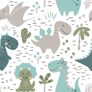 Dinosaur baby boy seamless pattern. Sweet dino with palm and cactus