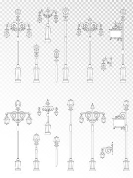 Vector set of street lights on transparent background. Collection in flat style. Monochrome.
