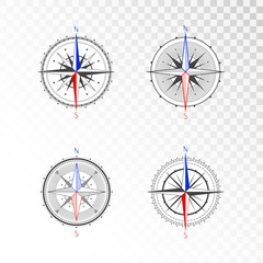 Vector set of vintage compasses or marine wind roses. Collection in line art style. Isolated on transparent background. Black line with the marked color the basic directions North and South.