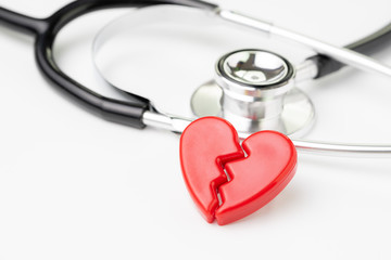 Heart attact or broken heart concept, cute read heart break with medical stethoscope on white background, health care, patient diagnostic and prevention