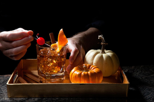 Fall Drinks in Bar - Old Fashioned Whiskey Cocktail
