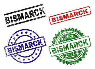 BISMARCK seal prints with distress surface. Black, green,red,blue vector rubber prints of BISMARCK caption with retro surface. Rubber seals with round, rectangle, medal shapes.