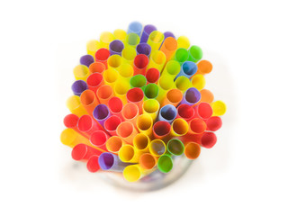 Closeup photograph of the ends of numerous multi colored neon bendy flexible straws including red, green, yellow, orange, blue, and purple making a vivid, vibrant, saturated and fun background image.