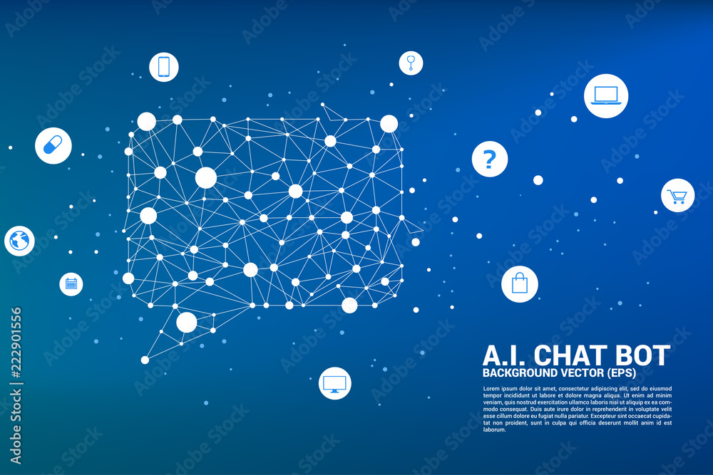 Aufkleber Artificial intelligence Chat bot service with dot connected line style background. speech bubble with various icon.  