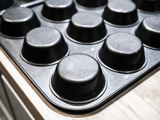 Obraz na płótnie Canvas Closeup unsaturated photograph of gray metal cupcake baking pan with round circular shape great for a background image, wallpaper or backdrop.