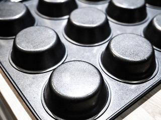 Obraz na płótnie Canvas Closeup unsaturated photograph of gray metal cupcake baking pan with round circular shape great for a background image, wallpaper or backdrop.