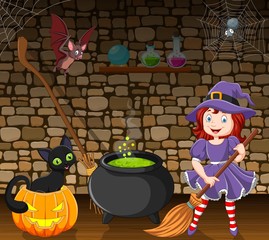 Cartoon little witch holding a broomstick in the room