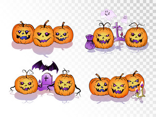Vector set of cartoonPumpkins on transparent background. Halloween collection.
