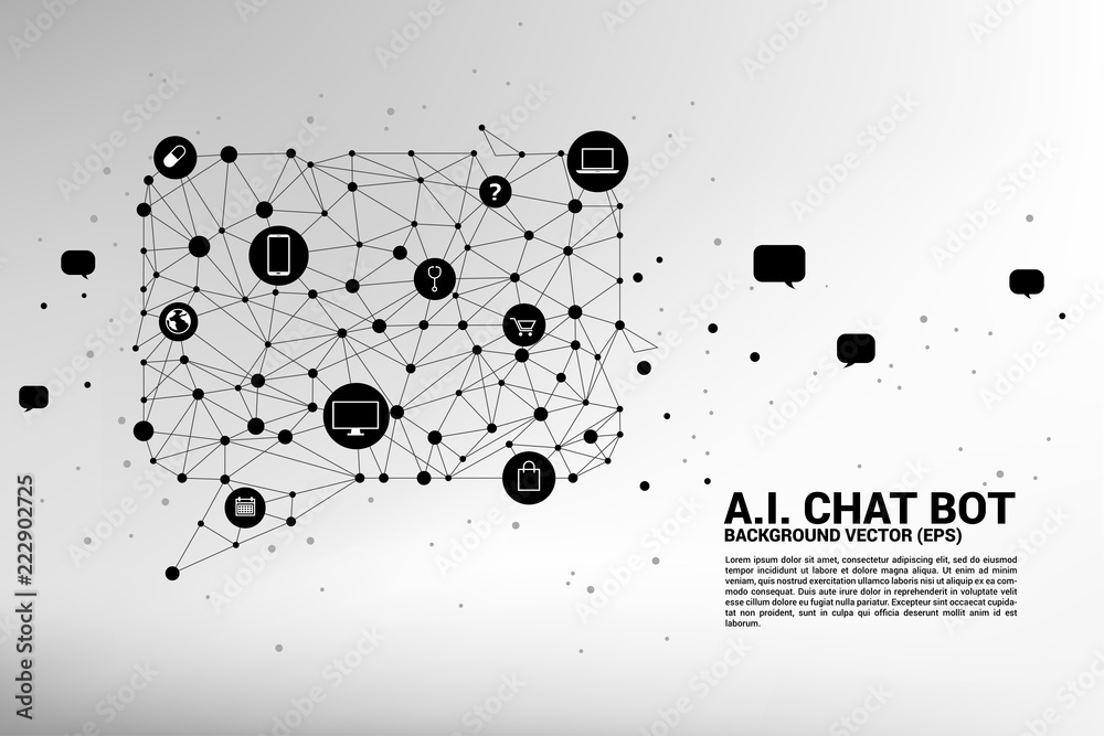 Aufkleber Artificial intelligence Chat bot service with dot connected line style background. speech bubble with various icon.  