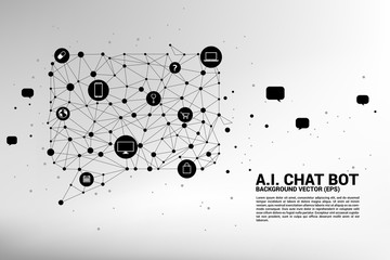 Artificial intelligence Chat bot service with dot connected line style background. speech bubble with various icon.  