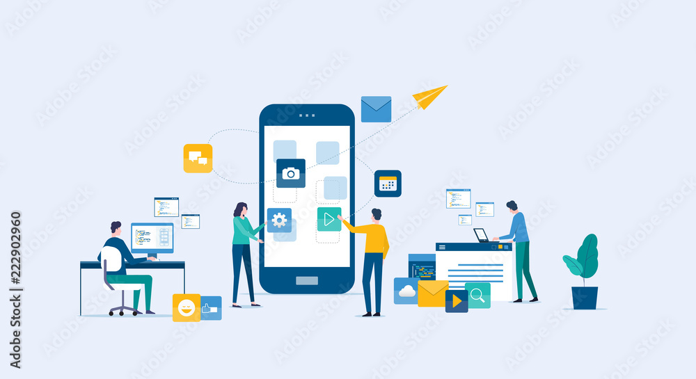 Fototapete programmer and design team develop for mobile application with business team working concept
