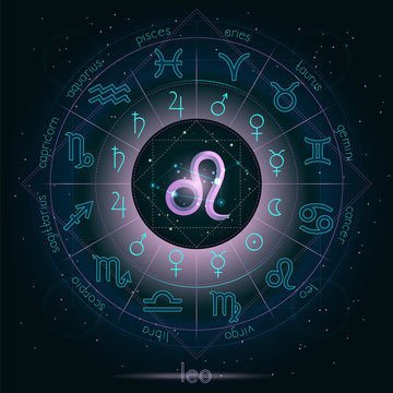 Zodiac sign and constellation LEO with Horoscope circle on the starry night sky background with geometry pattern. Sacred symbols and pictograms astrology planets in mystical circle. Vector.