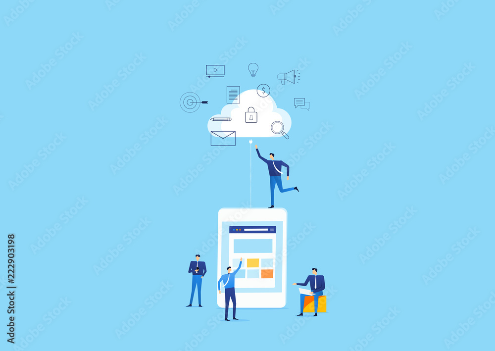 Poster team business people  use mobile connect on cloud computing service concept 

