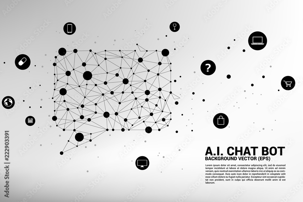 Poster Artificial intelligence Chat bot service with dot connected line style background. speech bubble with various icon.  