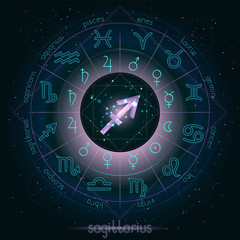 Zodiac sign and constellation SAGITTARIUS with Horoscope circle on the starry night sky background with geometry pattern. Sacred symbols and pictograms astrology planets in mystical circle. Vector.