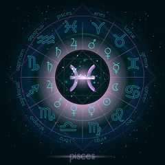 Zodiac sign and constellation PISCES with Horoscope circle on the starry night sky background with geometry pattern. Sacred symbols and pictograms astrology planets in mystical circle. Vector.