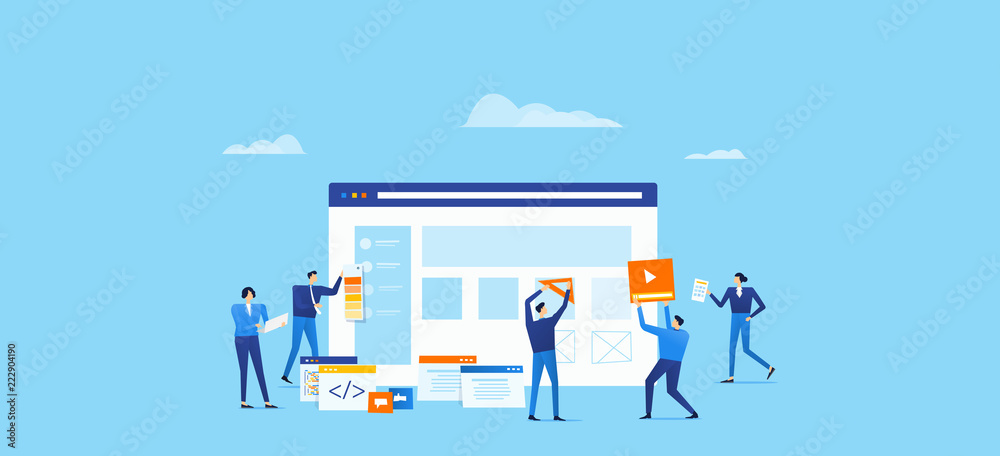 Poster programmer and design team develop for web application with business team working concept
