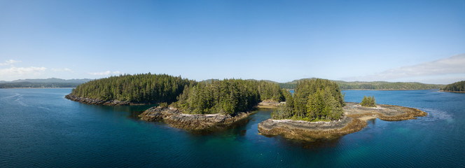 Fototapeta na wymiar Aerial panoramic landscape of a rocky coast during a vibrant summer day. Taken on the Northern Vancouver Island, British Columbia, Canada.
