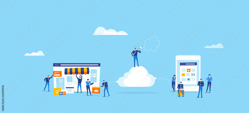 Poster developer and designer team create  online shop  and connect on cloud for online user concept

